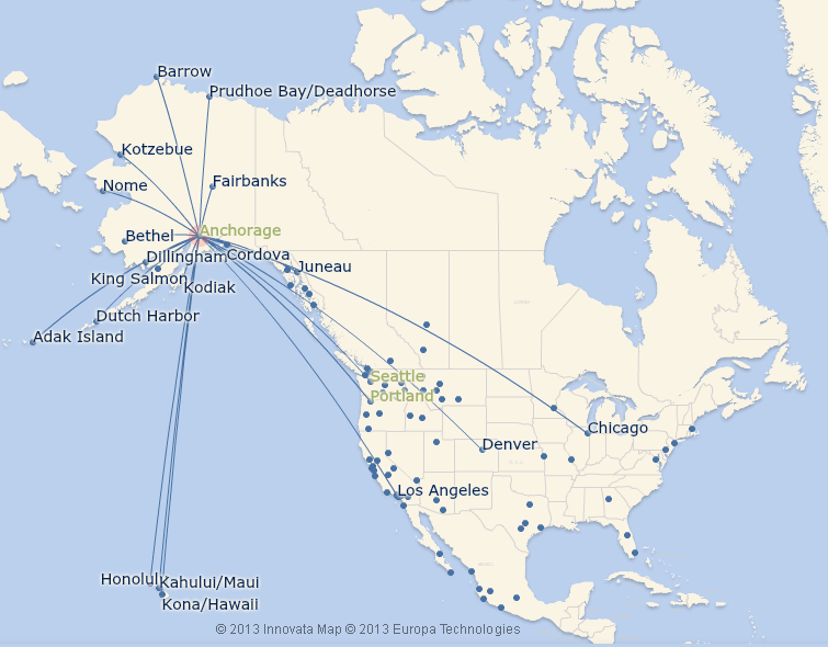 Alaska Airlines route map - from Anchorage