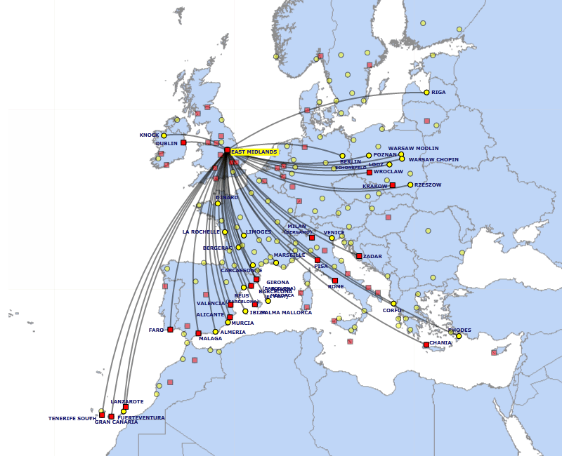 Ryanair route map - from East Midlands