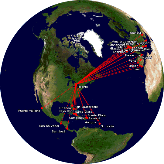 Air Transat route map - from Toronto