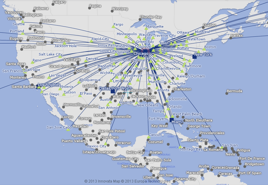 Routes within North America from Chicago O'Hare