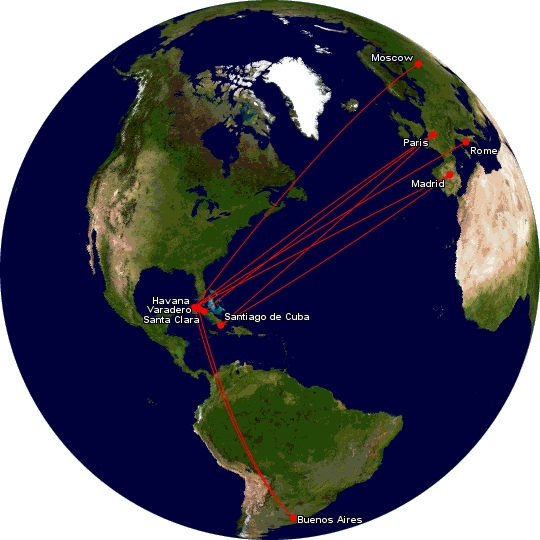 Cubana de Aviacion route map - longhaul routes