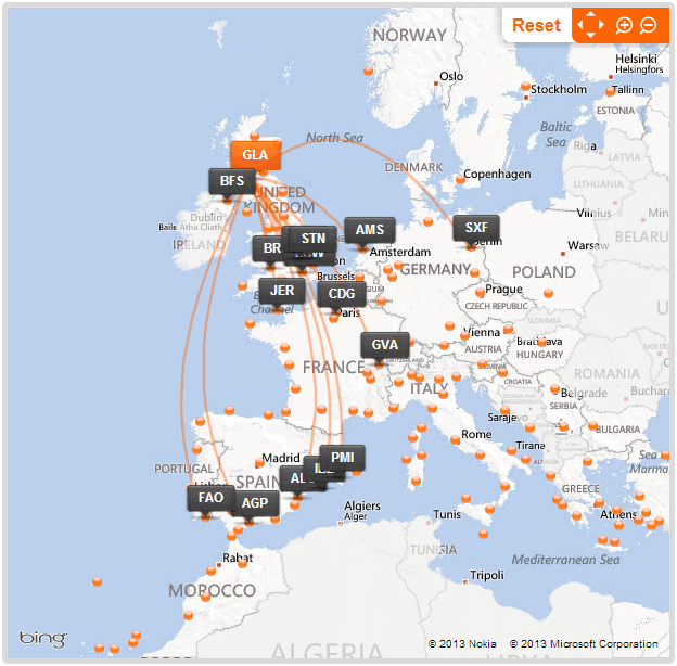 easyJet route map - from Glasgow