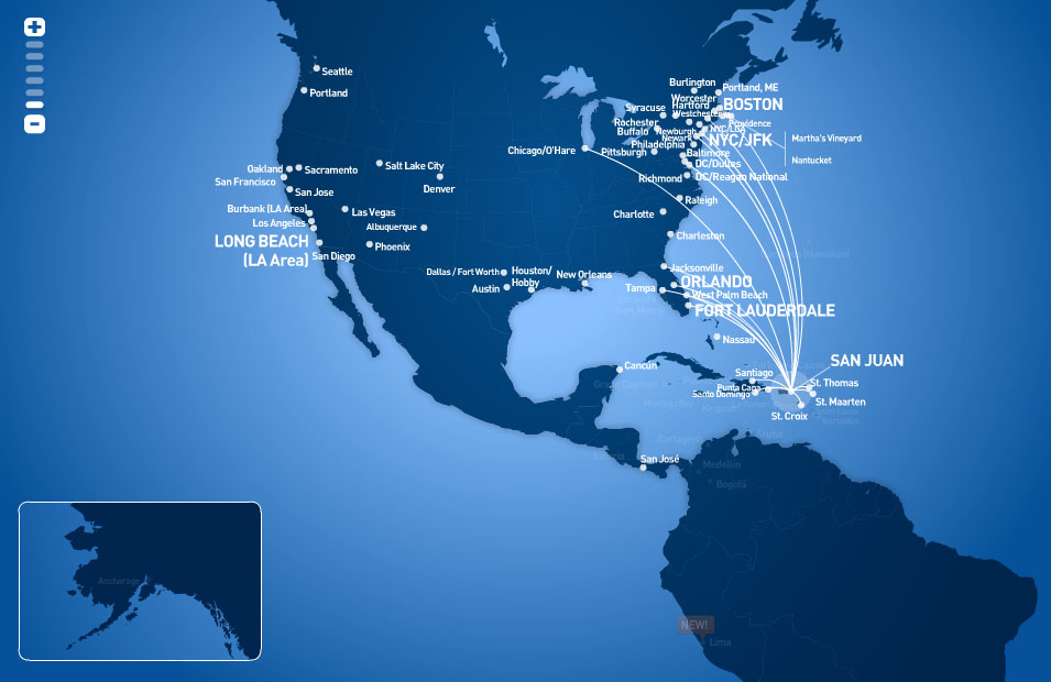 JetBlue Airways route map - from San Juan