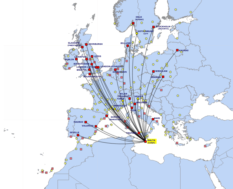 Ryanair route map - from Malta