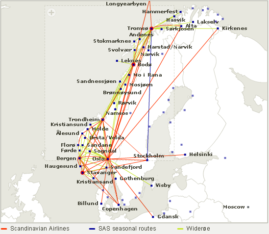 SAS Scandinavian Airlines route map - Europe from Oslo