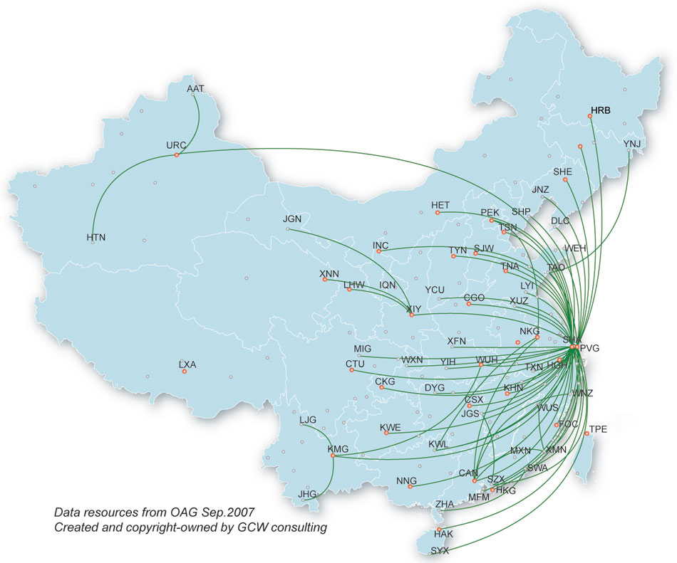 Shanghai Airlines route map - domestic routes