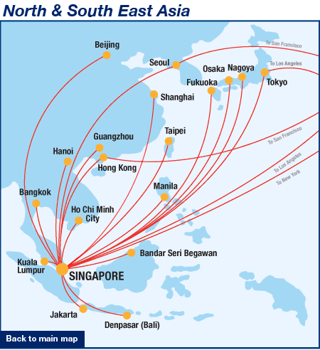 Singapore Airlines route map - East and Southeast Asia