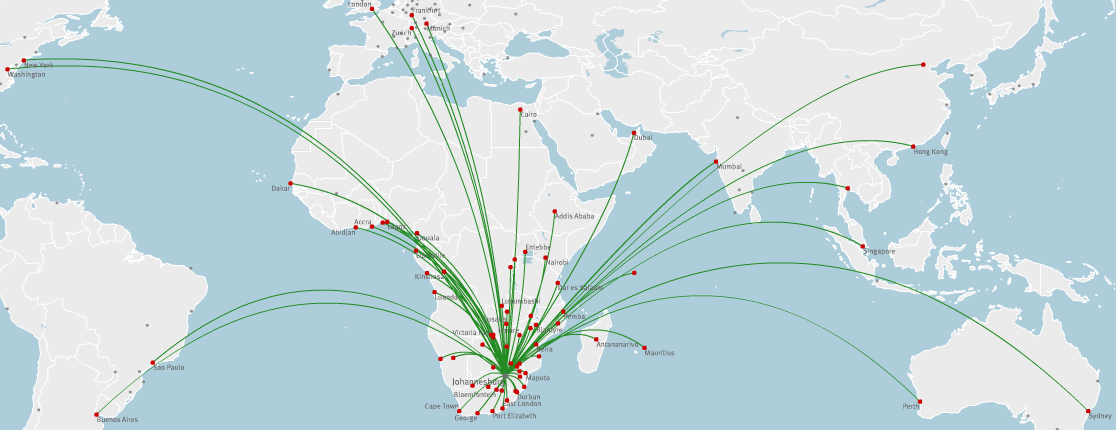 South African Airways route map - international routes